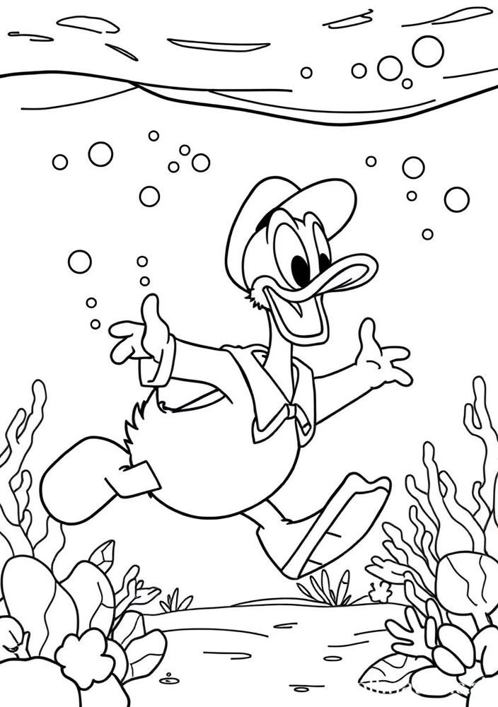 Desenho do Pato Donald explorando o fundo do mar para colorir