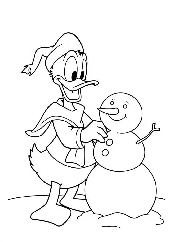 Desenho do Pato Donald fazendo um boneco de neve para colorir