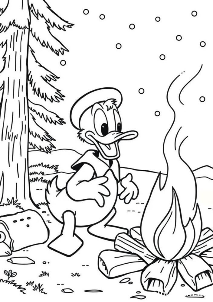 Desenho do Pato Donald fazendo uma fogueira no acampamento para colorir