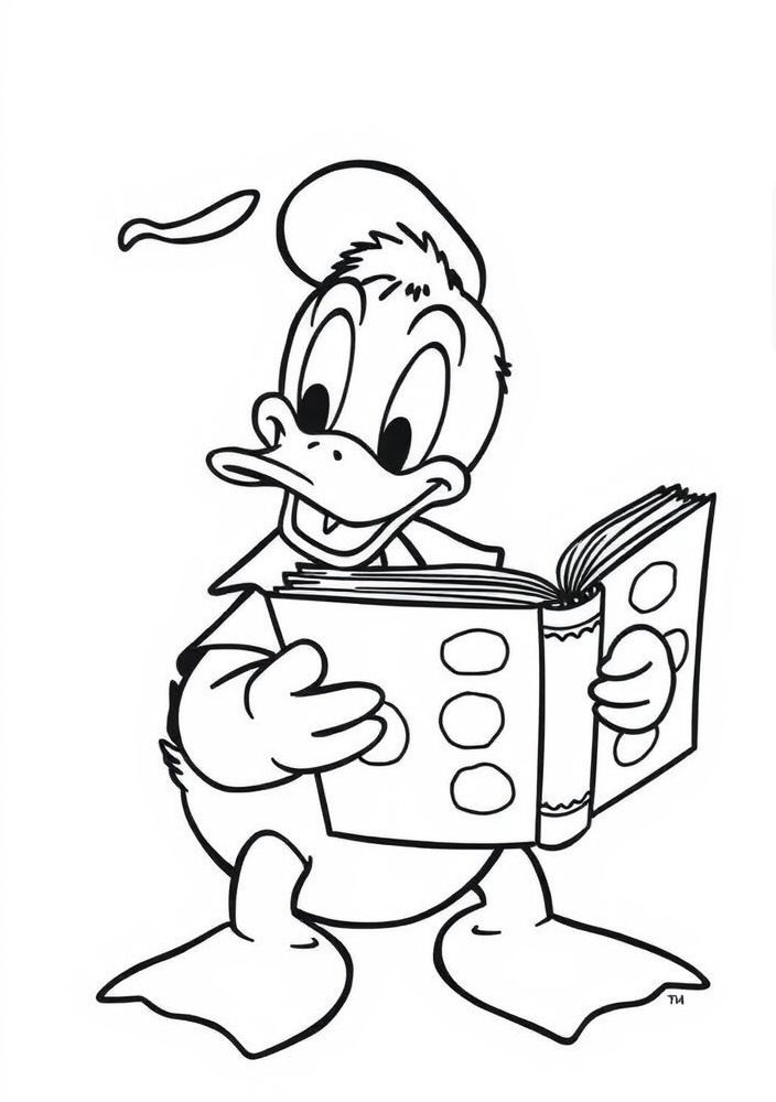 Desenho do Pato Donald lendo um livro para colorir