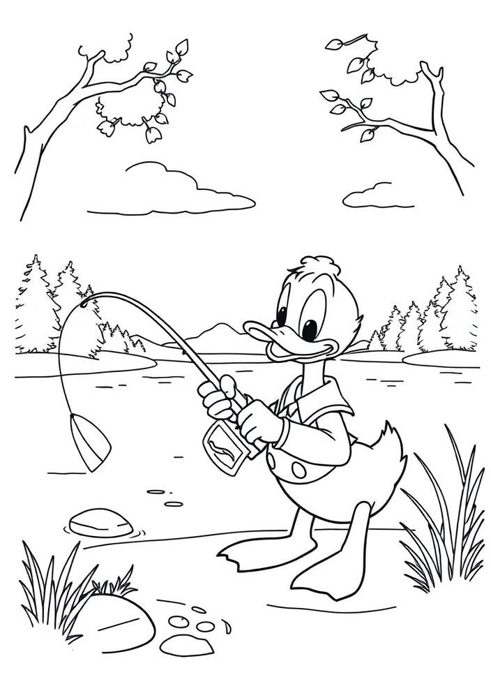 Desenho do Pato Donald pescando no lago para colorir