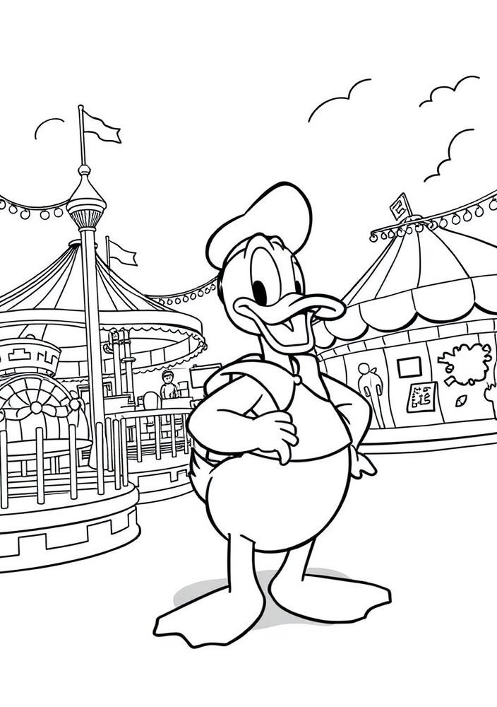 Desenho do Pato Donald se divertindo em um parque de diversões para colorir