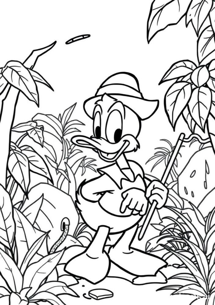 Desenho do Pato Donaldo em uma aventura na selva para colorir