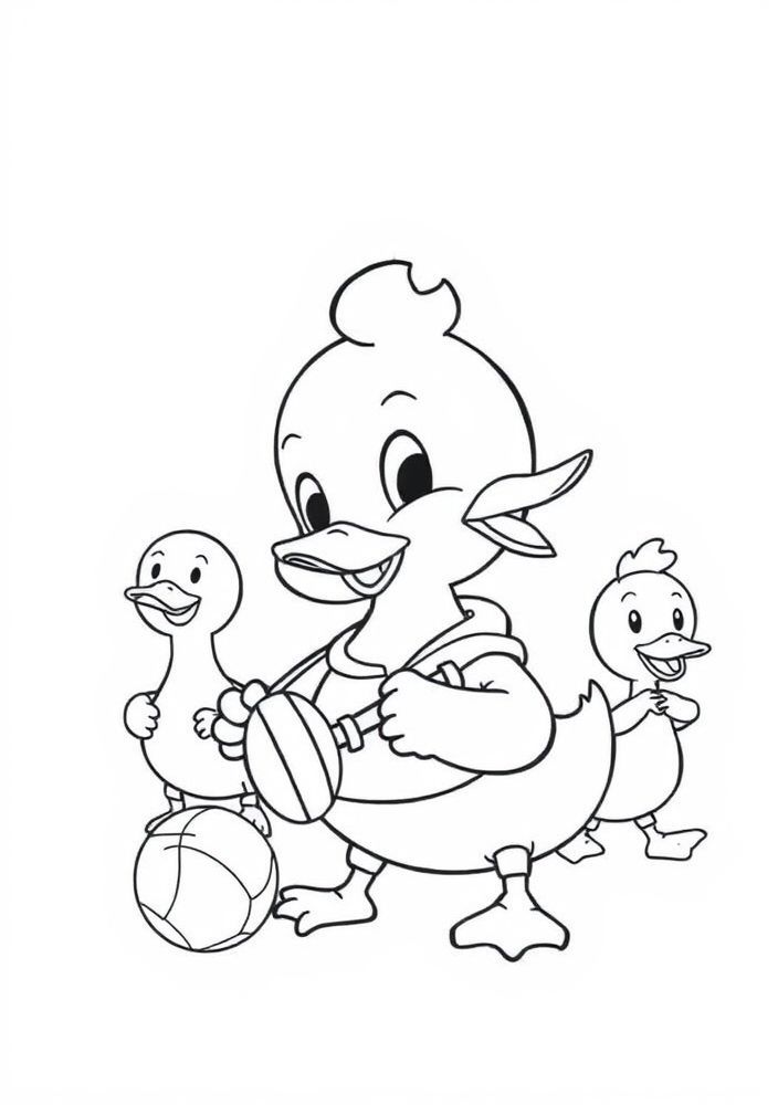 Desenho do Pato e seus amigos na quadra de esportes para colorir