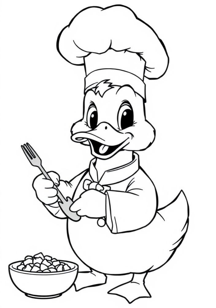 Desenho do Pato em um fogão de chef para colorir