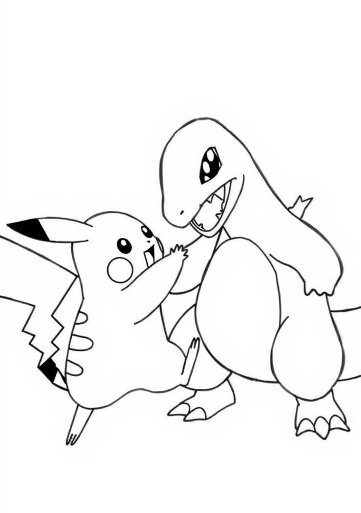 Desenho do Pikachu brigando contra um Charmander para colorir