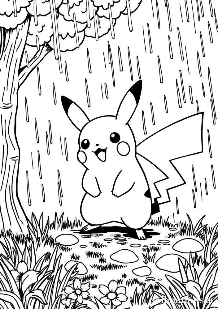 Desenho do Pikachu brincando na chuva para colorir