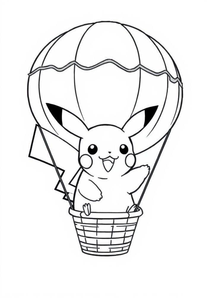 Desenho do Pikachu com um balão de ar quente para colorir