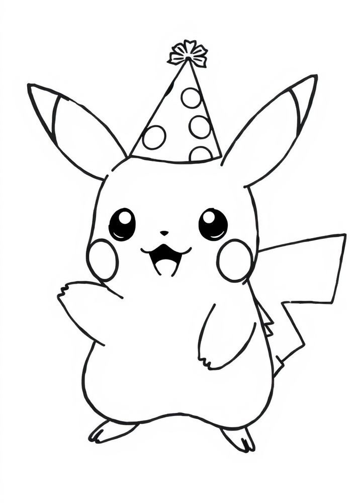 Desenho do Pikachu com um chapéu de festa para colorir