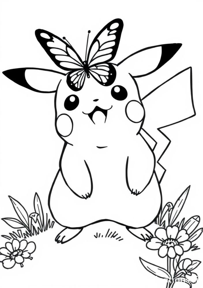 Desenho do Pikachu com uma borboleta para colorir