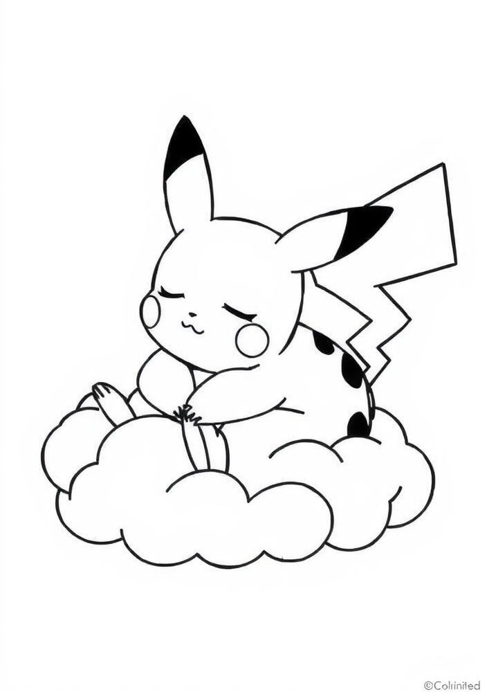 Desenho do Pikachu dormindo em uma nuvem para colorir