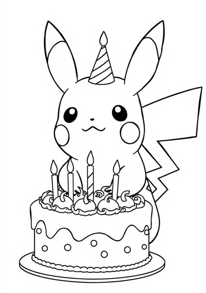 Desenho do Pikachu e um bolo de aniversário para colorir