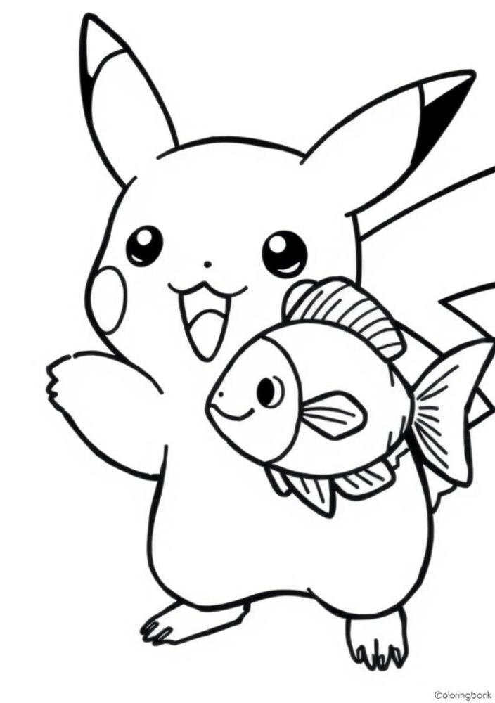 Desenho do Pikachu e um peixe para colorir