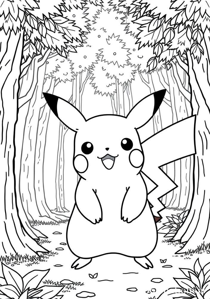 Desenho do Pikachu em uma floresta para colorir