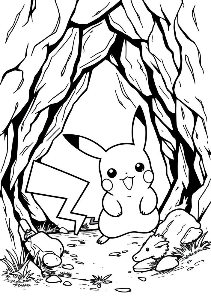 Desenho do Pikachu explorando uma caverna para colorir