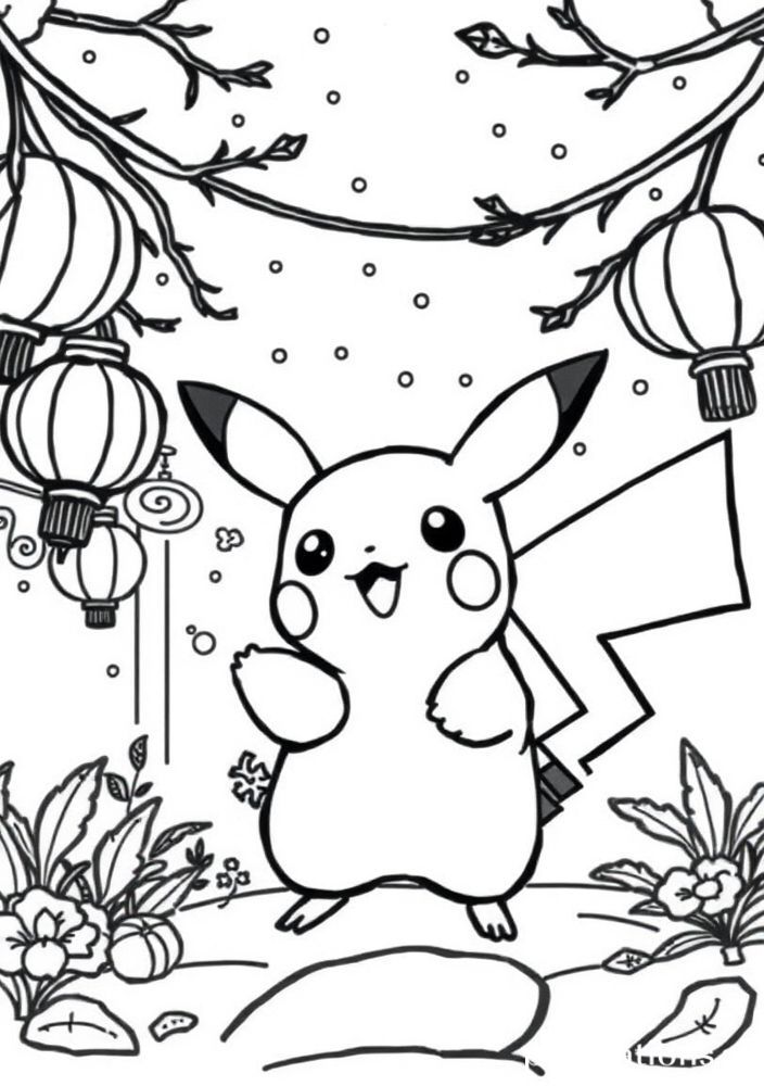 Desenho do Pikachu no festival das lanternas para colorir