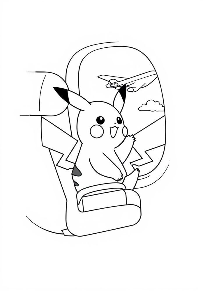 Desenho do Pikachu viajando de avião para colorir