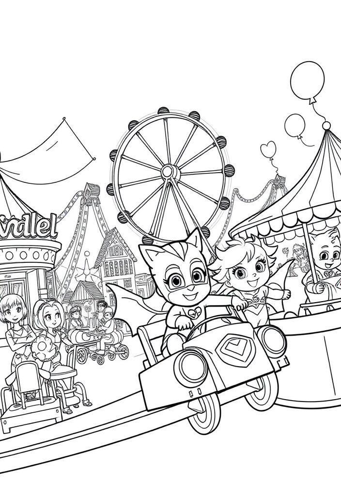 Desenho do Pj Masks em um parque de diversões para colorir