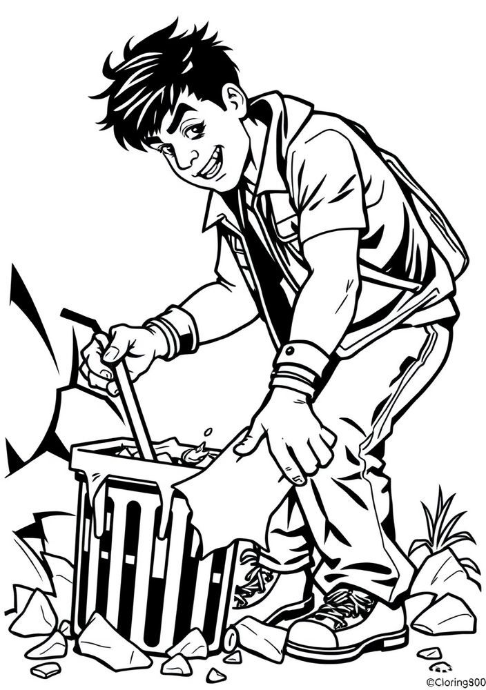 Desenho do Rocky recolhendo lixo para colorir