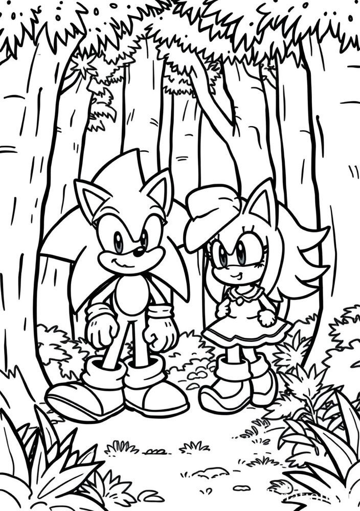 Desenho do Sonic e Amy na floresta para colorir