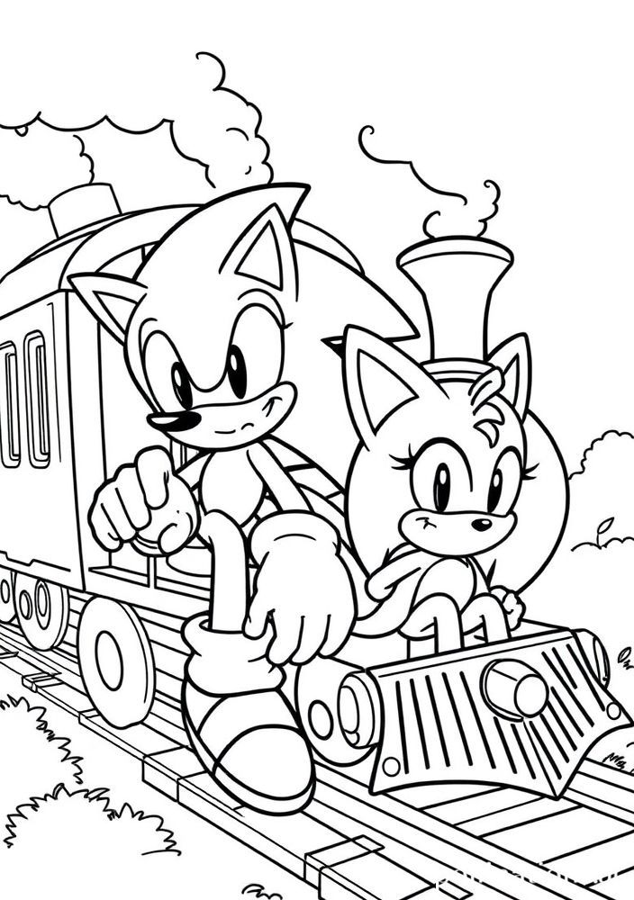 Desenho do Sonic e Tails na sua locomotiva para colorir