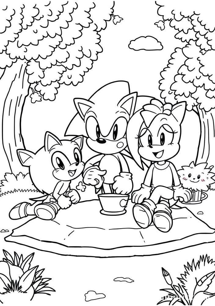 Desenho do Sonic e seus amigos em um picnic para colorir