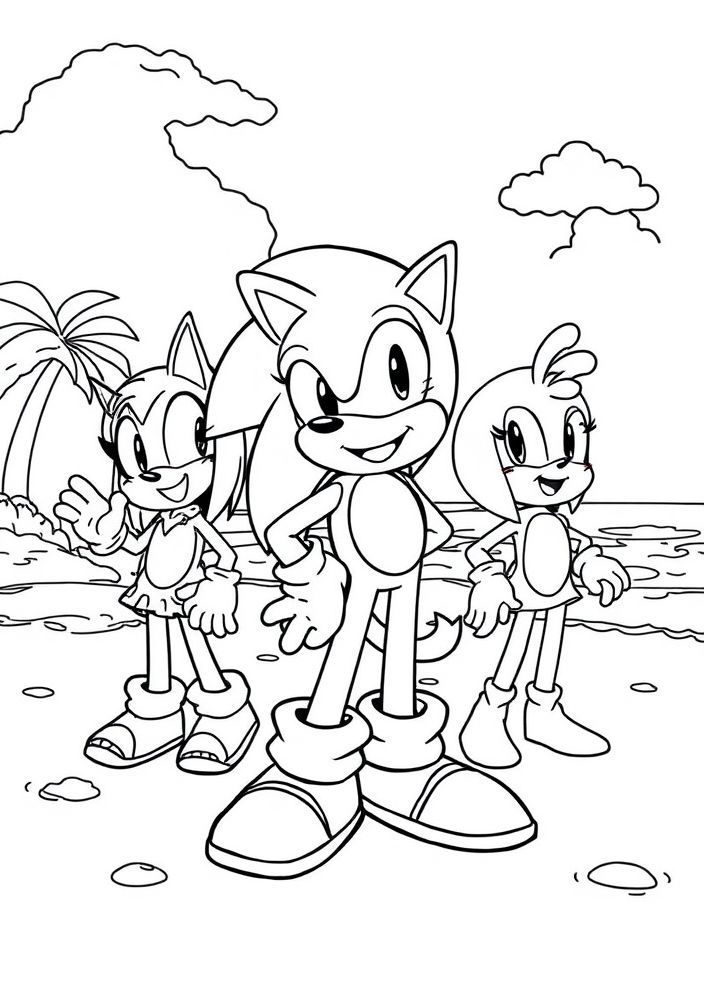 Desenho do Sonic na praia com amigos para colorir
