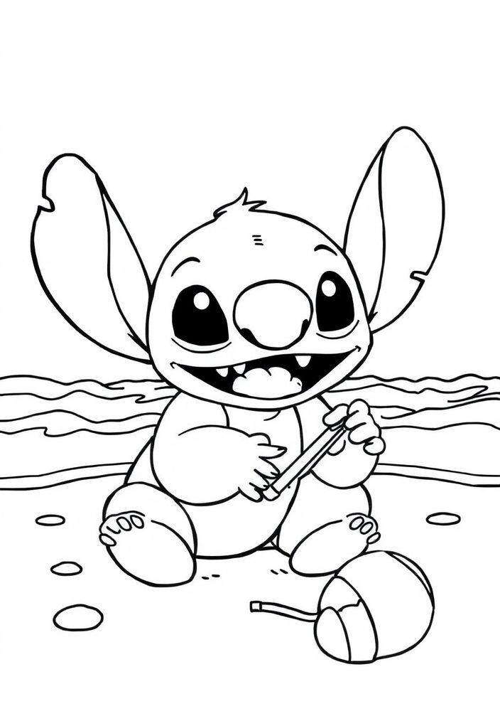 Desenho do Stitch brincando em uma praia para colorir