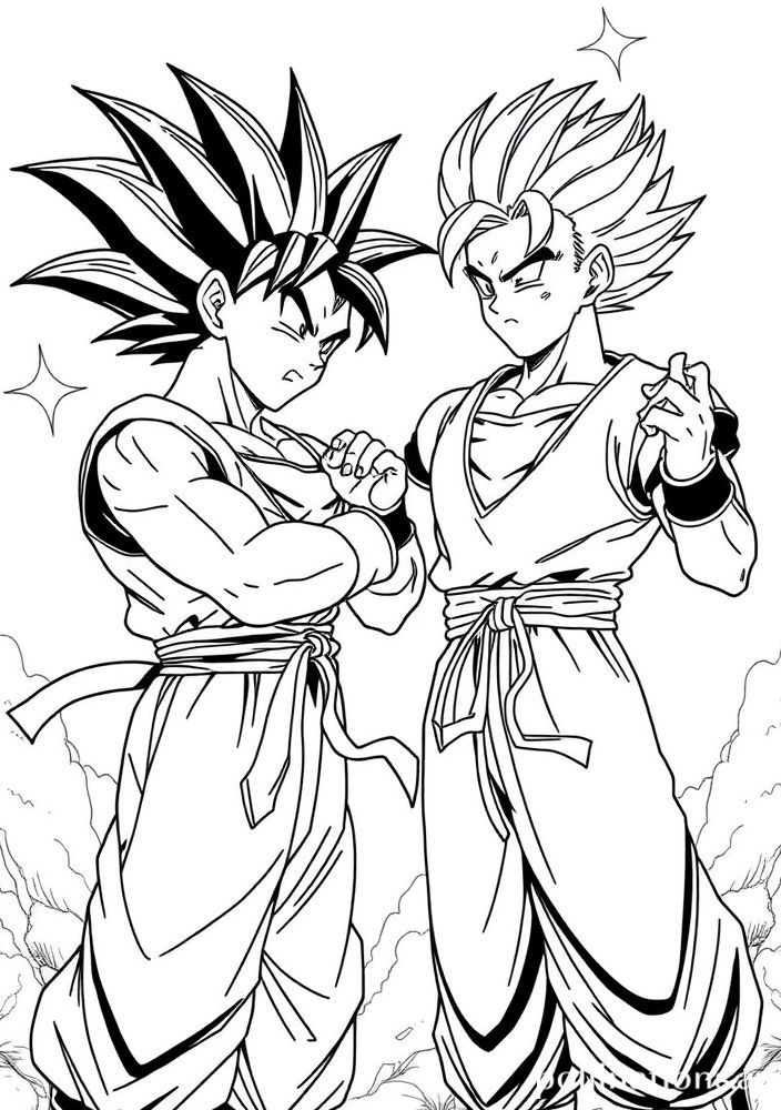 Desenho do Vegeta e Goku treinando juntos para colorir