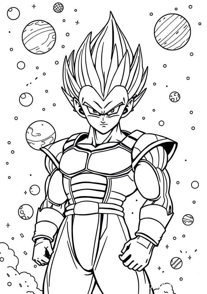 Desenho do Vegeta em um cenário espacial para colorir