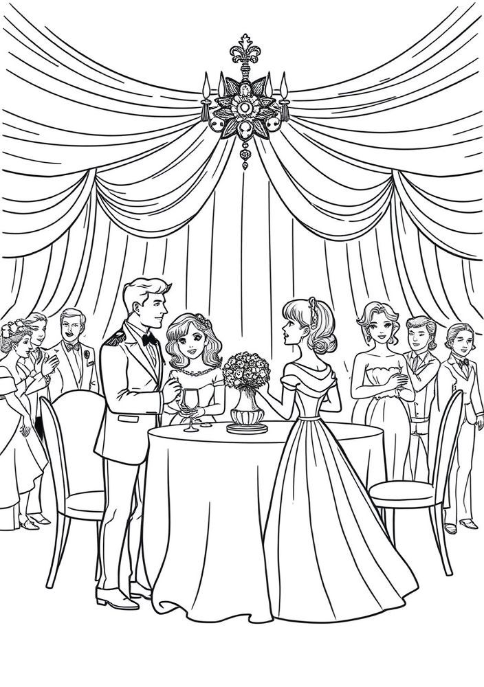 Desenho do baile real com convidados para colorir