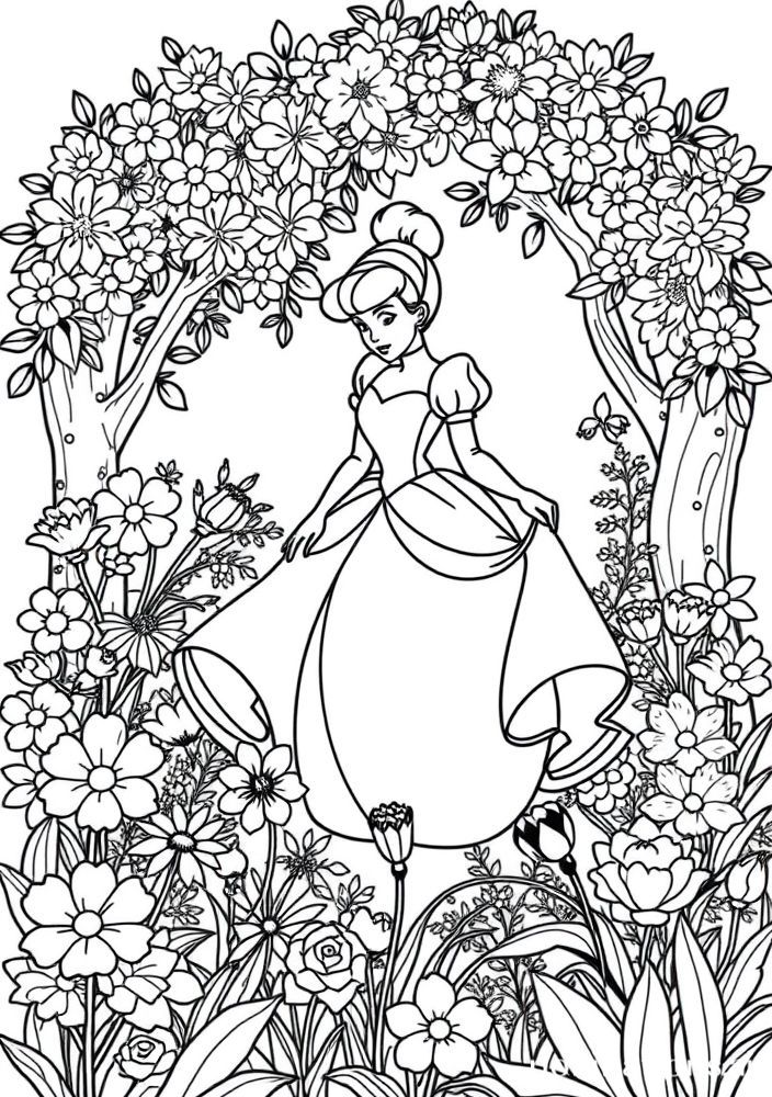 Desenho do conselho das flores no jardim com Cinderela para colorir