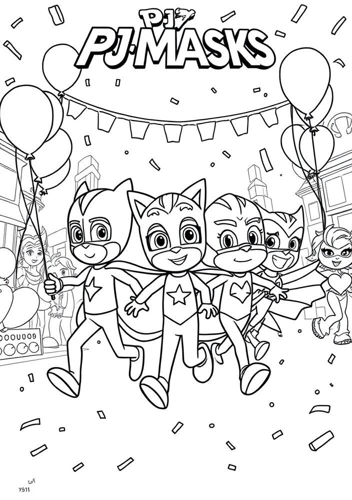 Desenho do desfile de heróis do PJ Masks para colorir