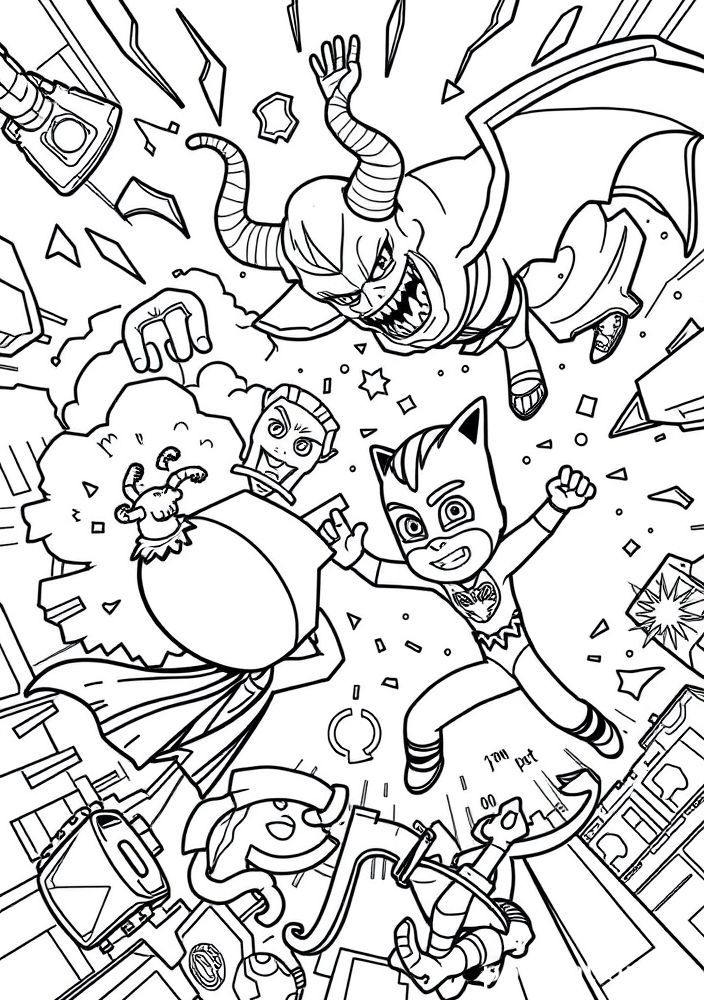 Desenho do diabo e Pj Masks lutando para colorir