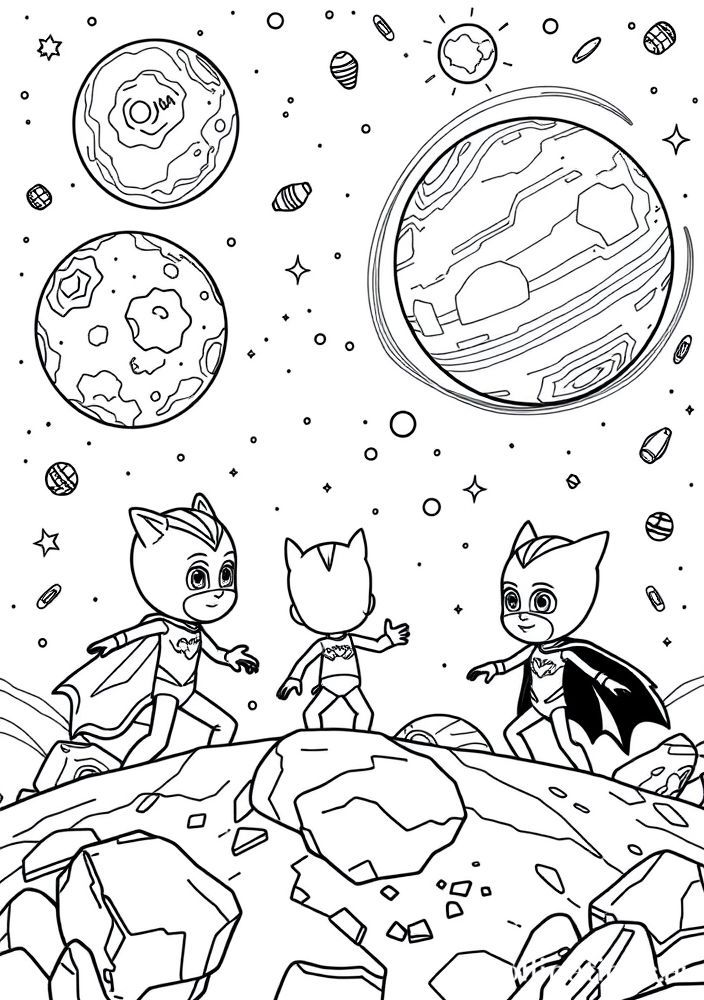 Desenho do espaço sideral com os Pj Masks para colorir