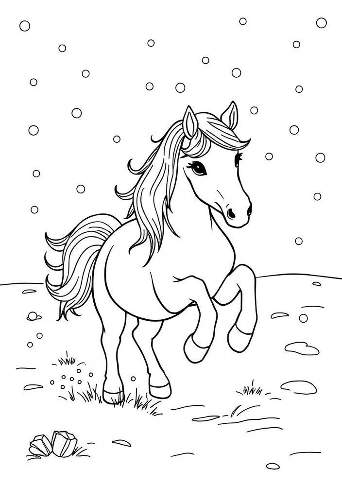 Desenho do pônei brincando na neve para colorir