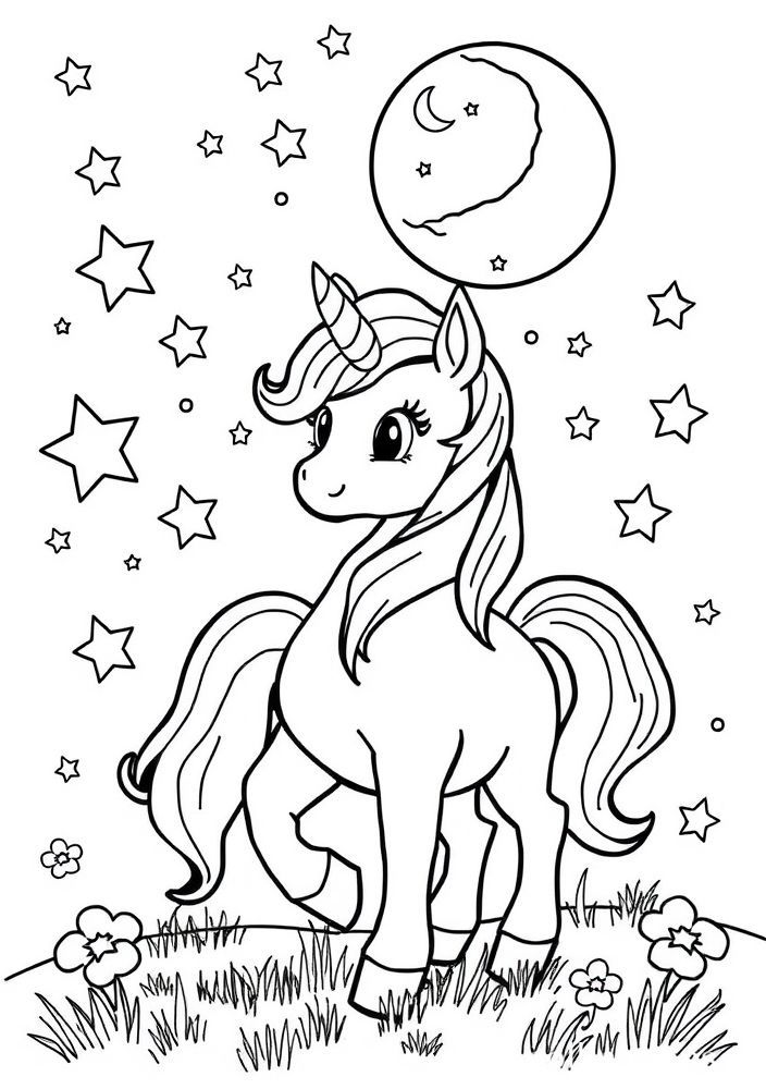 Desenho do pônei com estrelas e lua para colorir