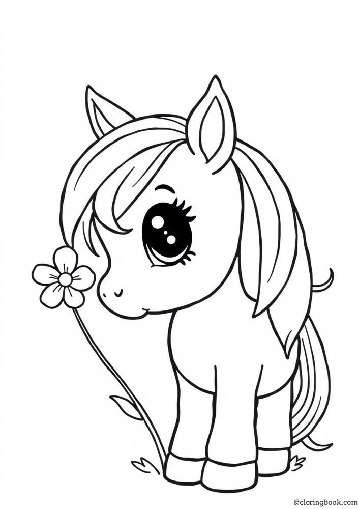 Desenho do pônei com uma flor para colorir