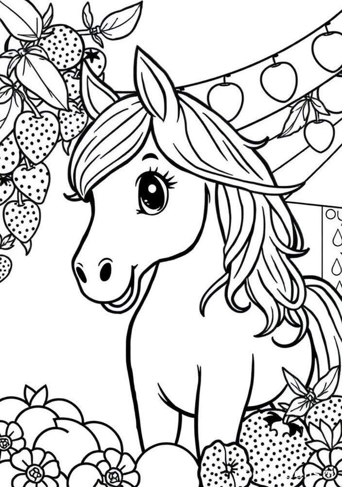 Desenho do pônei no festival de frutas para colorir
