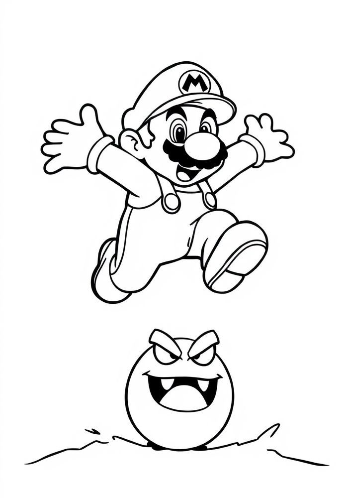 Desenho do salto de Mario sobre um inimigo para colorir