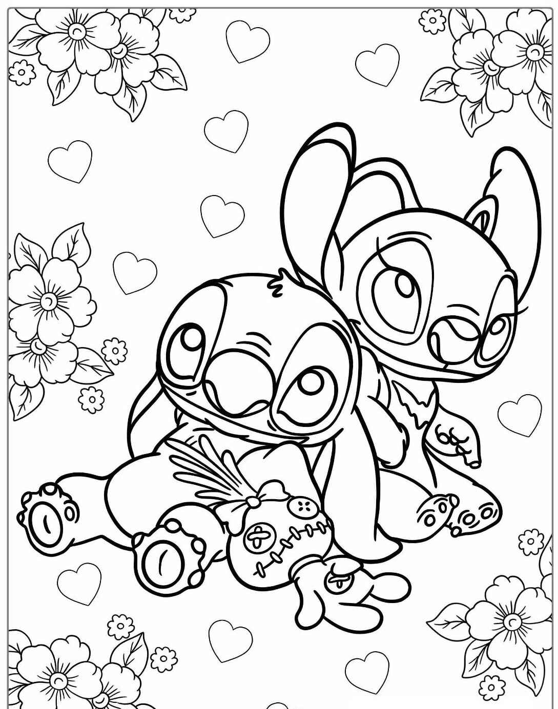 Desenho do Stitch e Lilo abraçados com um boneco para colorir.
