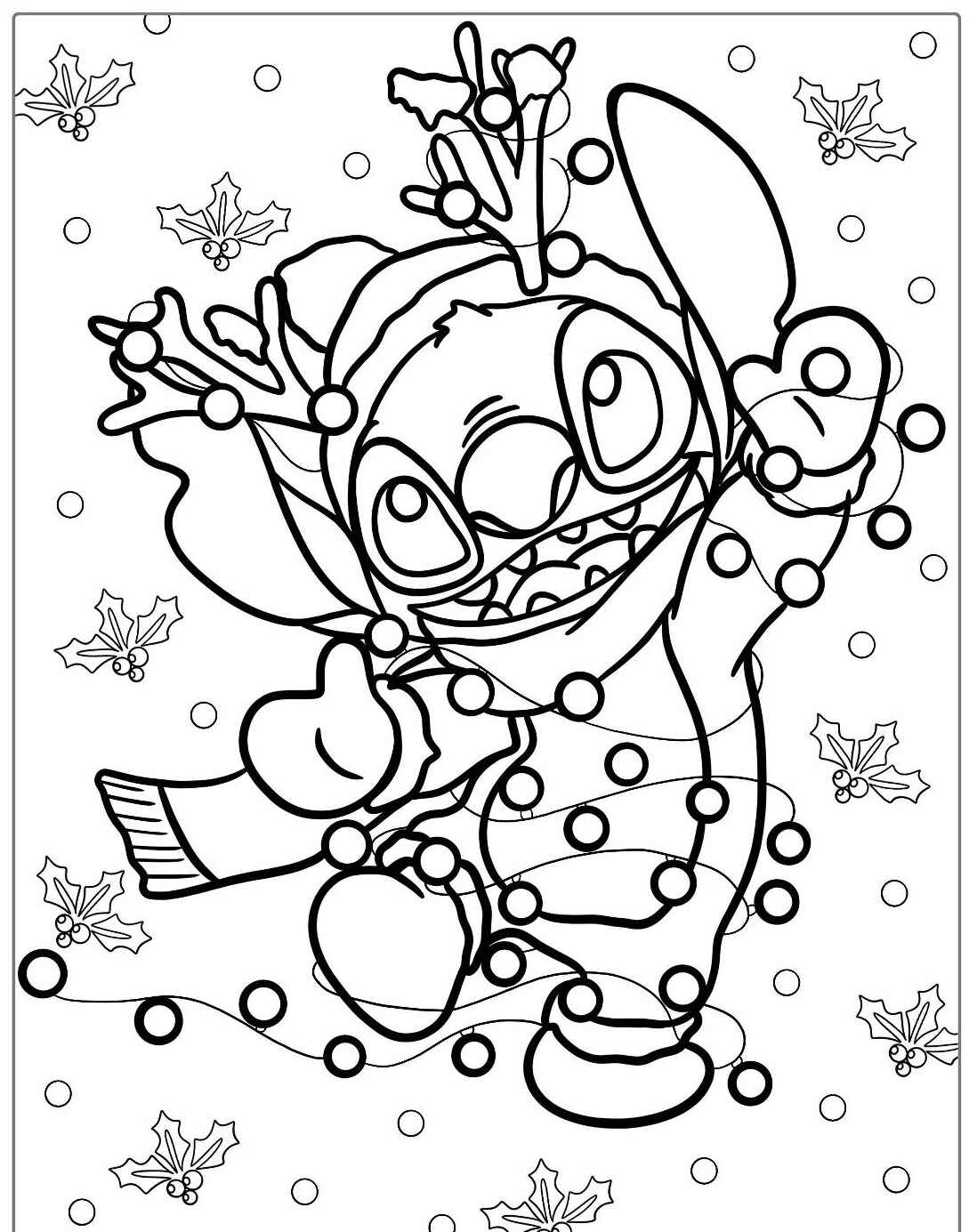 Desenho do Stitch natalino enrolado em luzes para colorir
