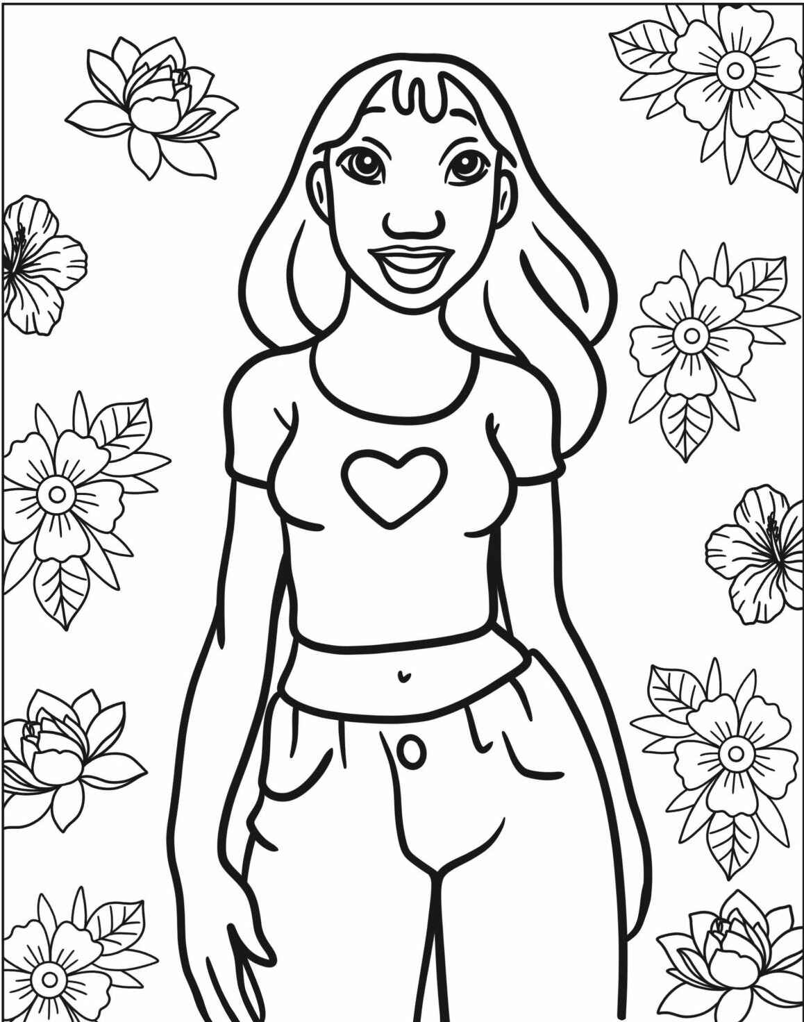 Desenho da Lilo sorrindo cercada de flores para colorir e imprimir