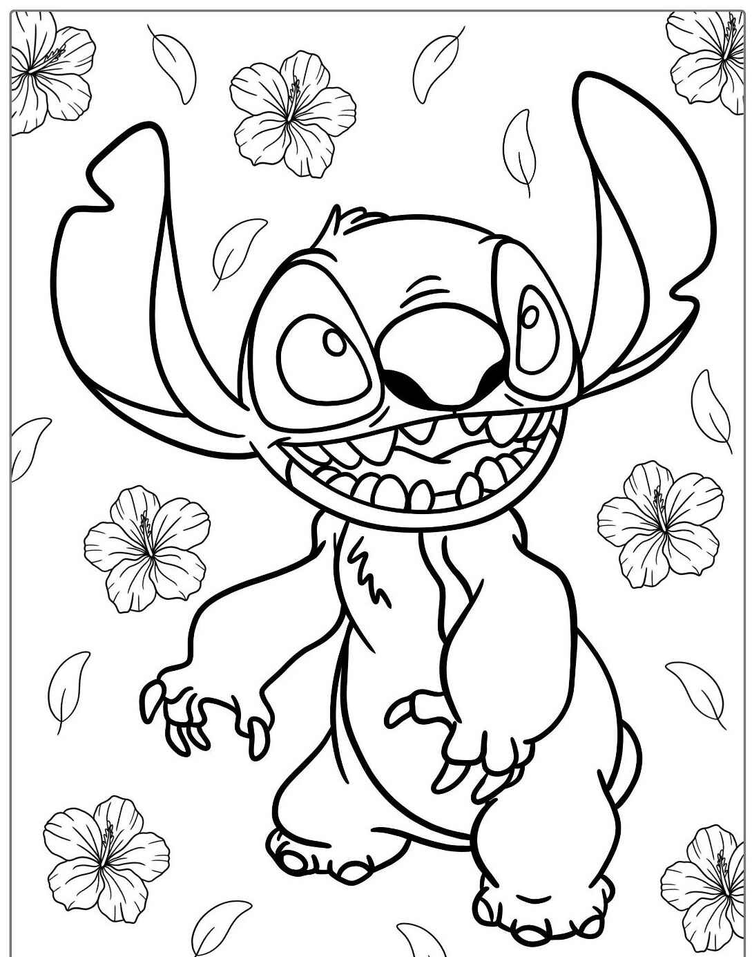 Desenho do Stitch sorrindo cercado por flores para colorir e imprimir