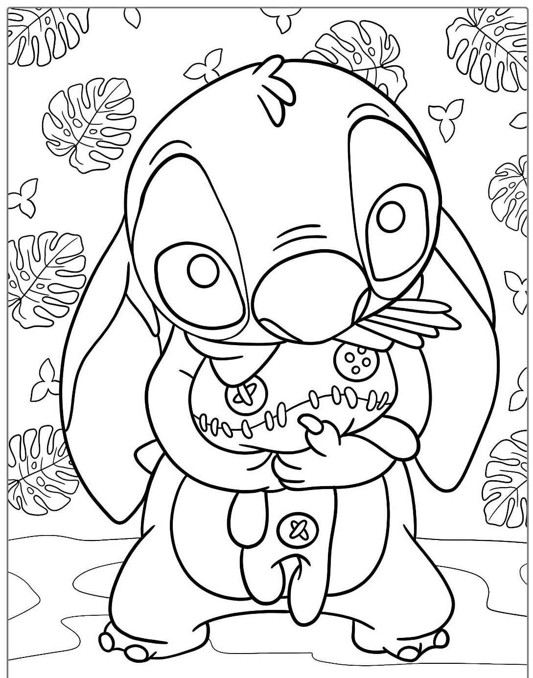 Desenho do Stitch abraçando um boneco para colorir com fundo de folhas