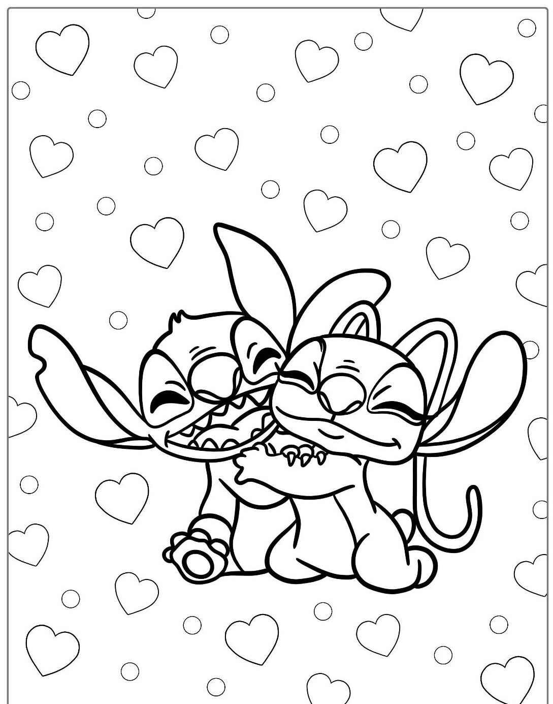 Desenho do Stitch e Lilo se abraçando com corações para colorir