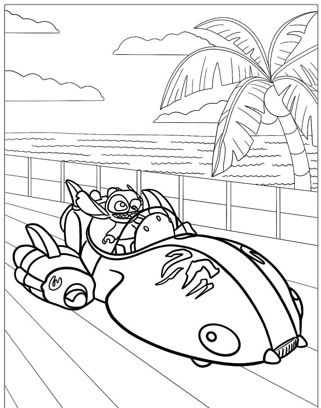 Stitch dirigindo carro na praia para colorir e imprimir