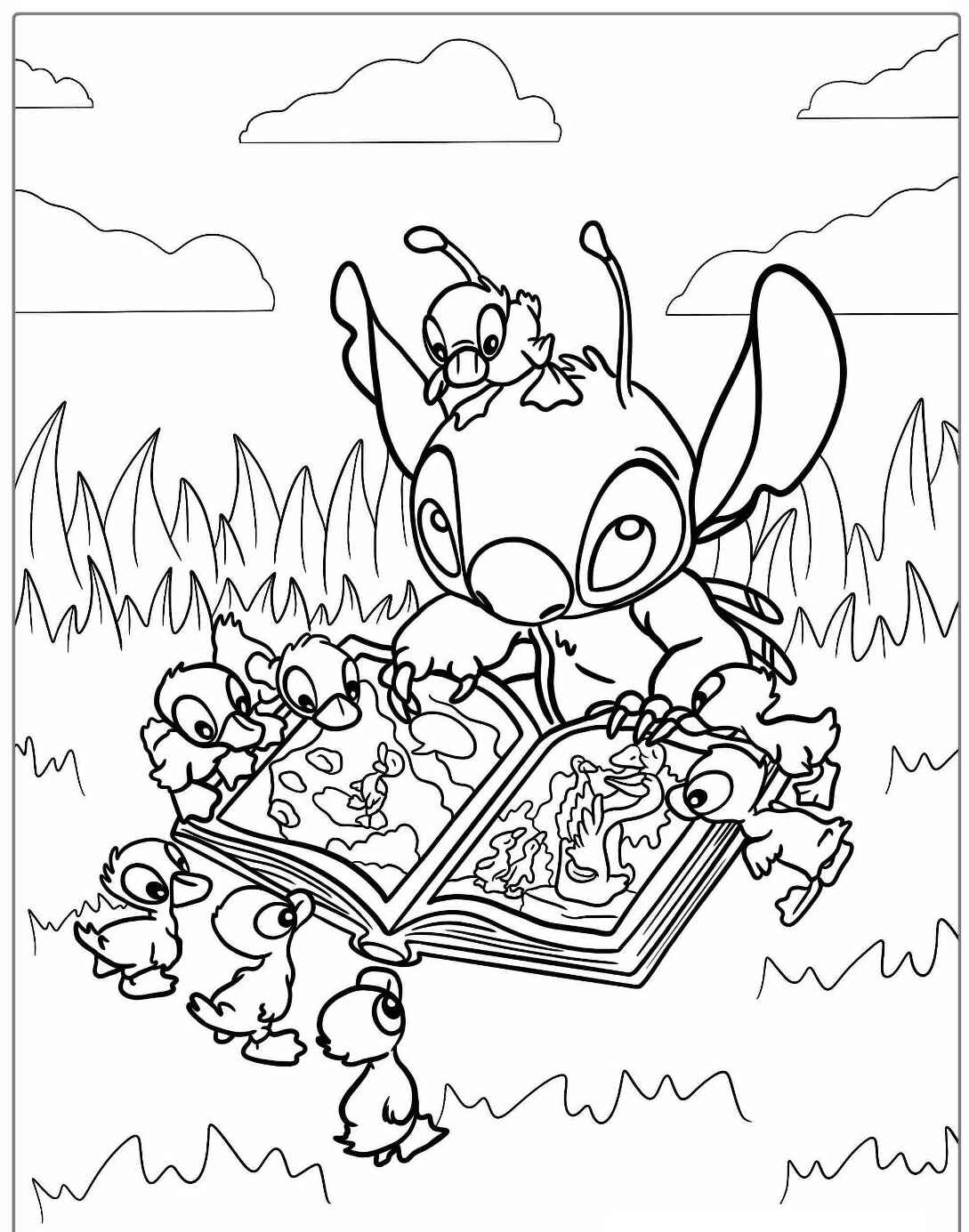 Desenho do Stitch lendo para patinhos em um piquenique para colorir