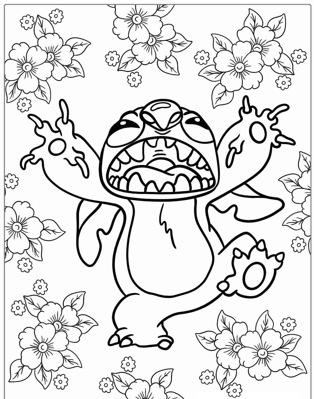 Desenho do Stitch gritando cercado de flores para colorir infantil