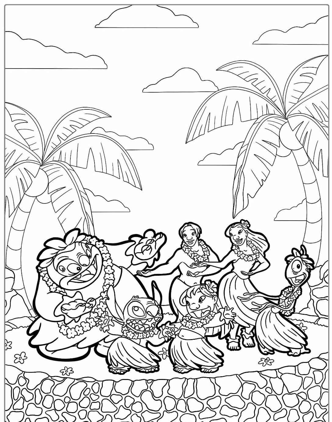 Desenho Stitch Lilo e amigos dançando hula para colorir e imprimir